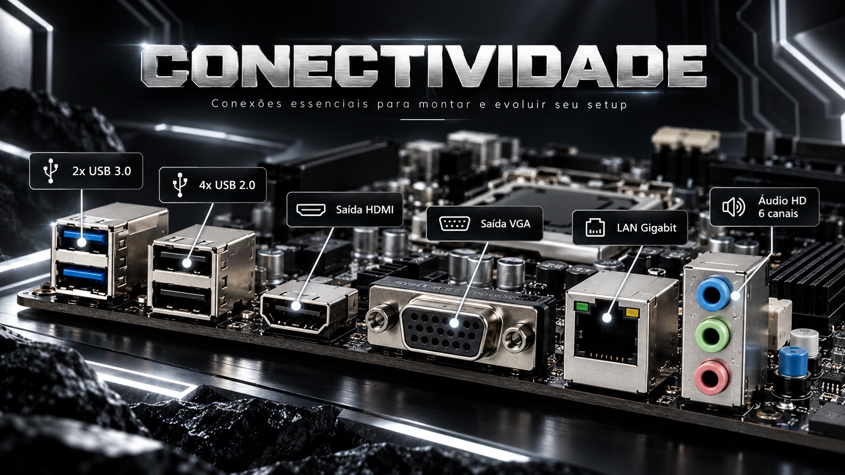 Painel traseiro da B75 com USB 3.0, USB 2.0, HDMI, VGA, LAN e áudio