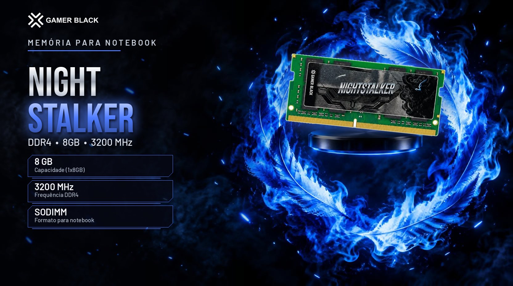 Memória Nightstalker DDR4 8GB 3200MHz para notebook em cenário escuro com luz azul