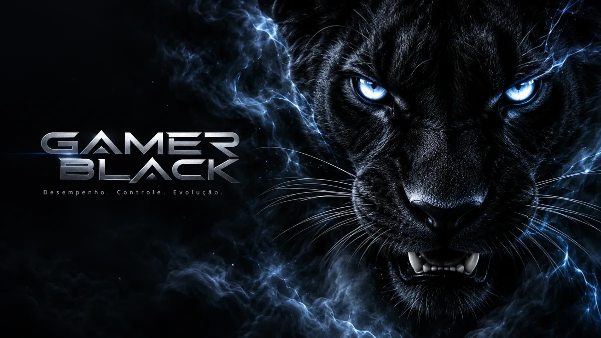 Wallpaper Gamer Black: Olhar azul — Desempenho. Controle. Evolução.