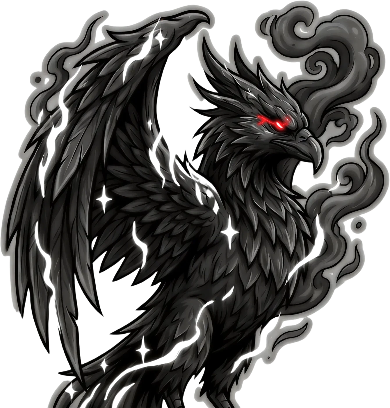 Guardião fênix da linha Nightstalker, envolto em fumaça, com olho e raio vermelhos