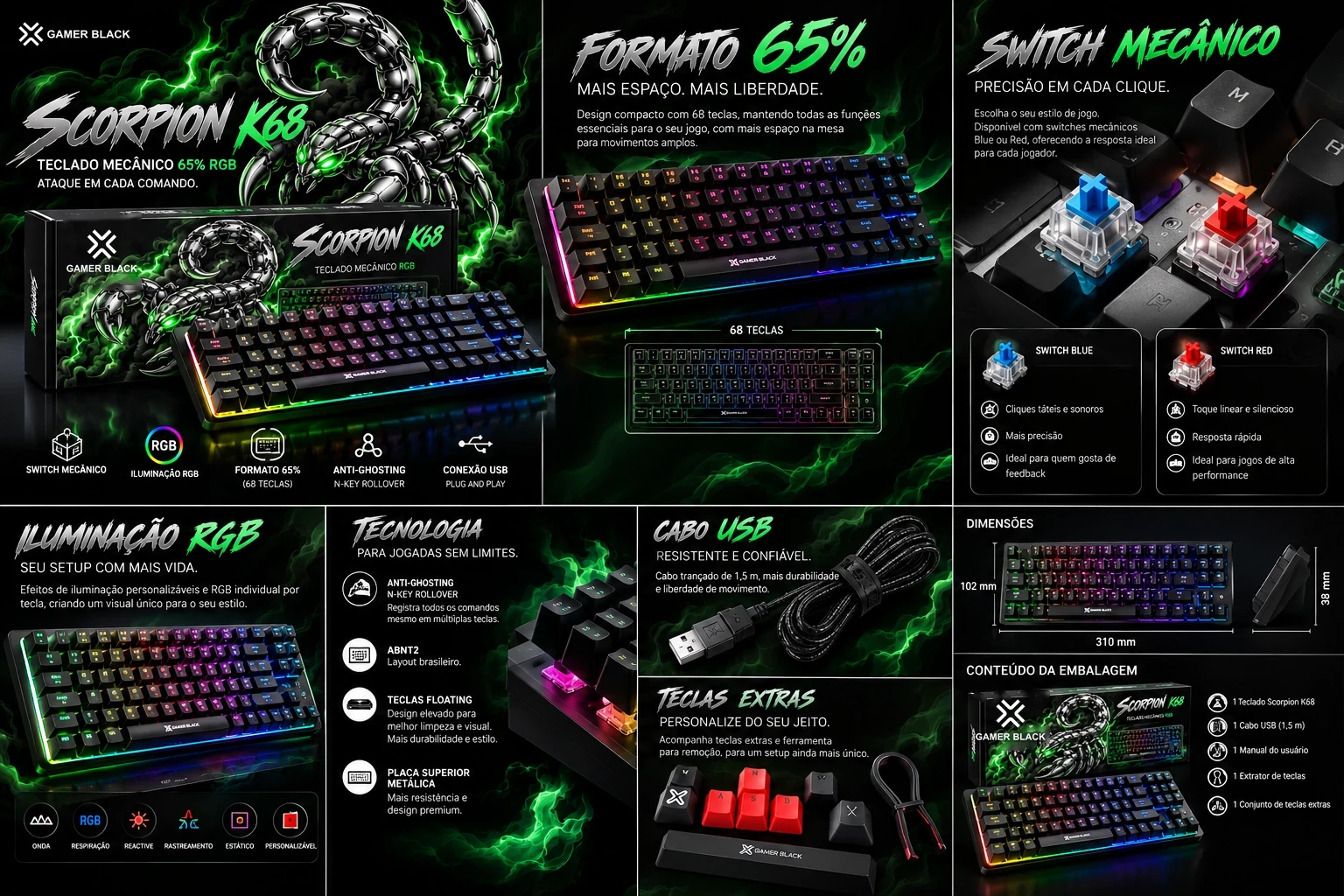 Painel do Scorpion K68 com formato 65%, switches, iluminação, cabo e teclas extras