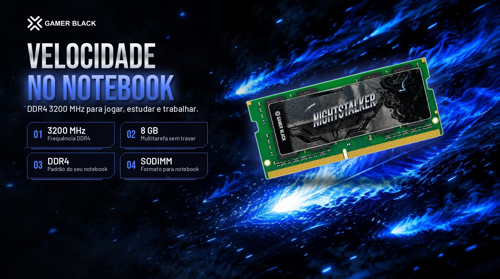 Memória Nightstalker DDR4 8GB 3200MHz com destaques de 3200 MHz, 8 GB, DDR4 e SODIMM
