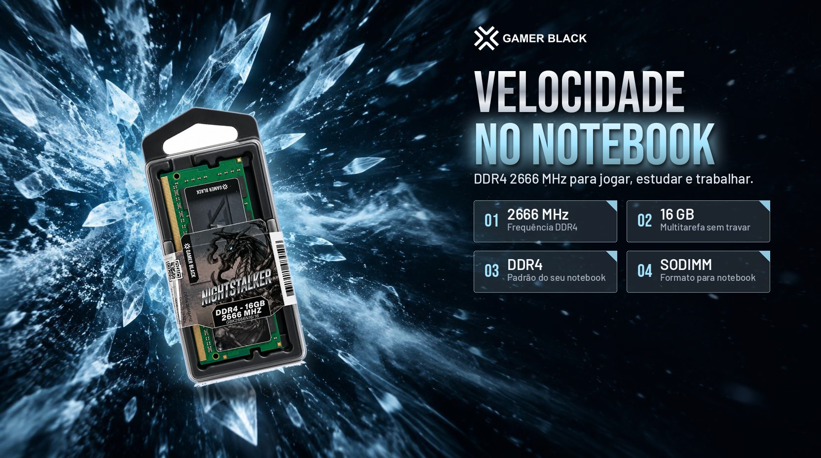 Memória Nightstalker DDR4 16GB 2666MHz com destaques de 2666 MHz, 16 GB, DDR4 e SODIMM
