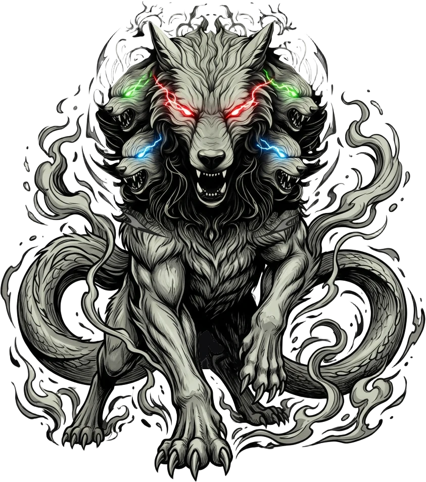 Guardiã quimera da linha LYNX: lobo de cinco cabeças com olhos em raios vermelhos, verdes e azuis