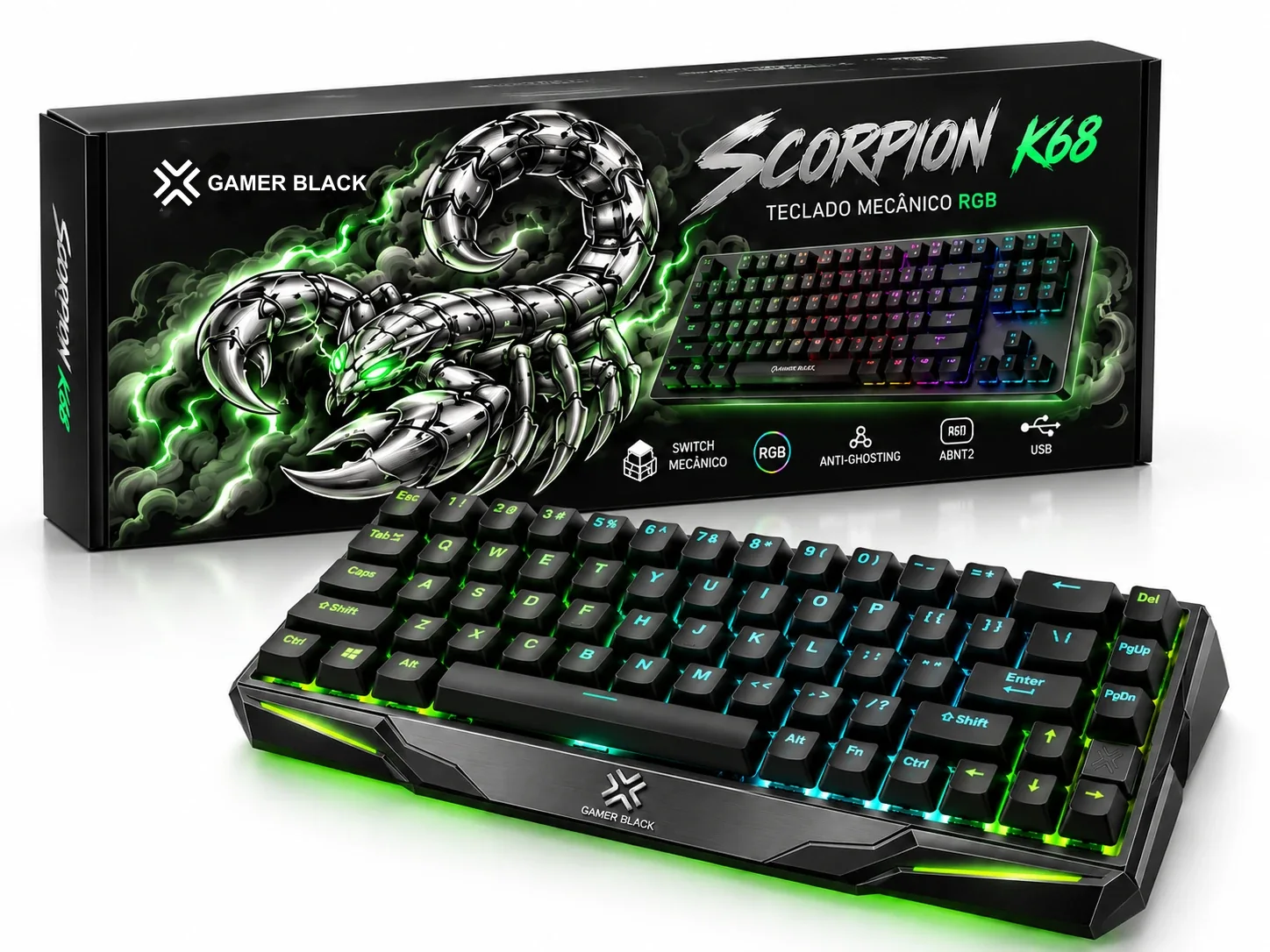 Teclado Scorpion K68 na frente da caixa Gamer Black