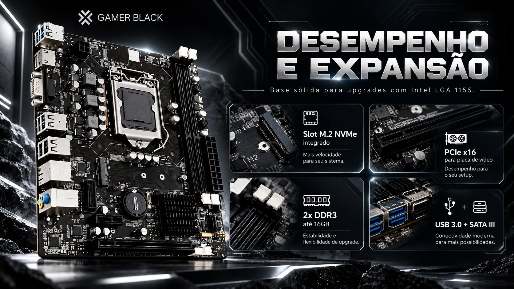 Placa-mãe B75 com destaques de M.2 NVMe, PCIe x16, DDR3 e USB 3.0