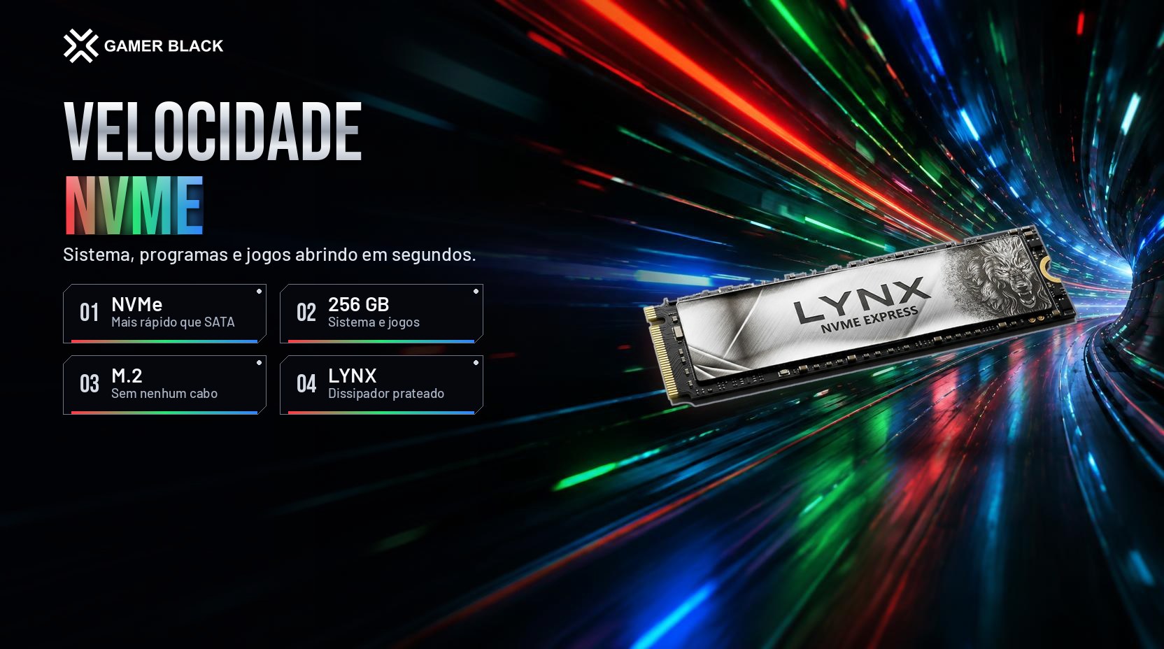 SSD NVMe LYNX em túnel de luzes RGB com destaques de NVMe, 256 GB, M.2 e LYNX
