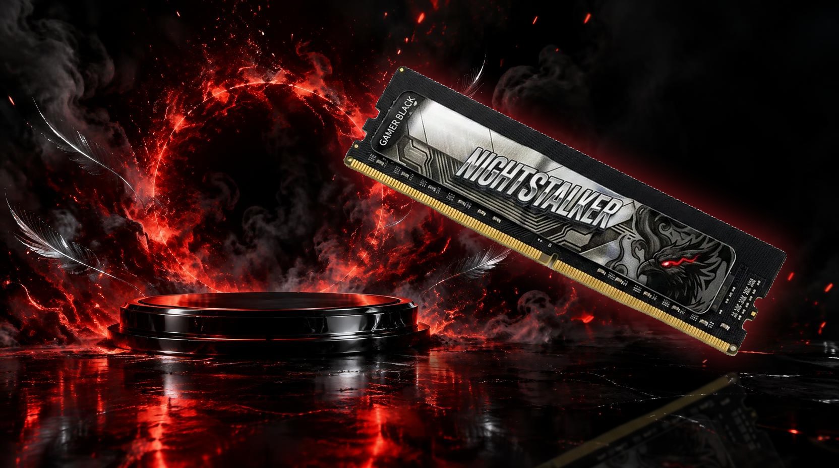 Memória Nightstalker DDR4 16GB 3200MHz em cenário escuro com raios vermelhos