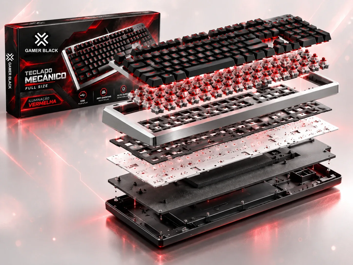 Vista explodida do teclado Titan K1 mostrando as camadas de construção