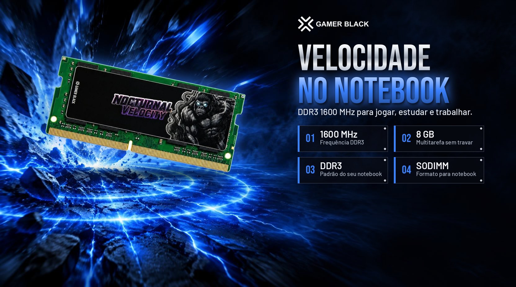 Memória Nocturnal Velocity DDR3 8GB 1600MHz com destaques de 1600 MHz, 8 GB, DDR3 e SODIMM