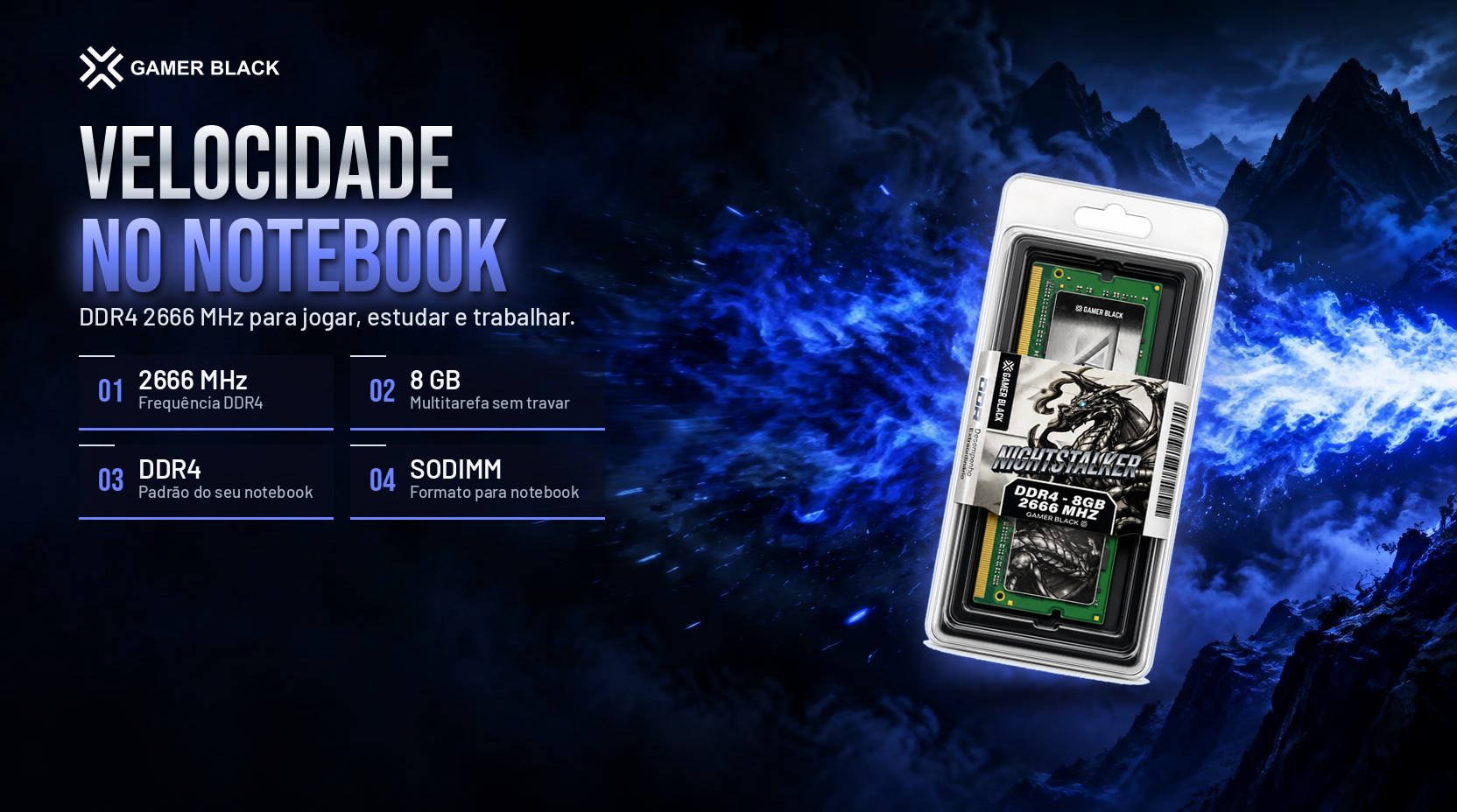 Memória Nightstalker DDR4 8GB 2666MHz com destaques de 2666 MHz, 8 GB, DDR4 e SODIMM