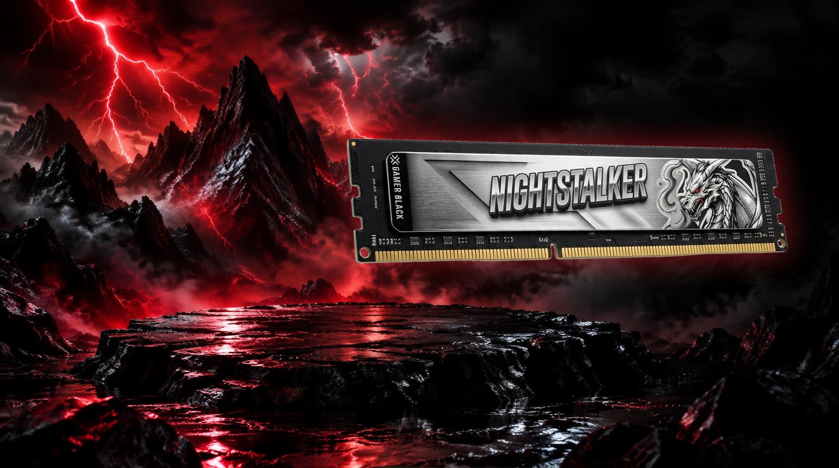 Memória Nightstalker DDR4 8GB 2666MHz em cenário escuro com raios vermelhos