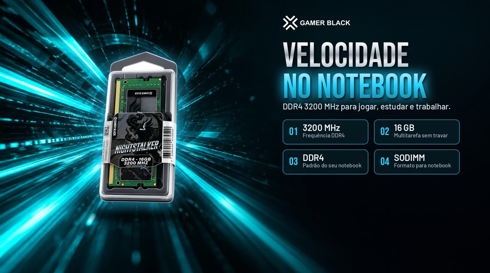 Memória Nightstalker DDR4 16GB 3200MHz com destaques de 3200 MHz, 16 GB, DDR4 e SODIMM