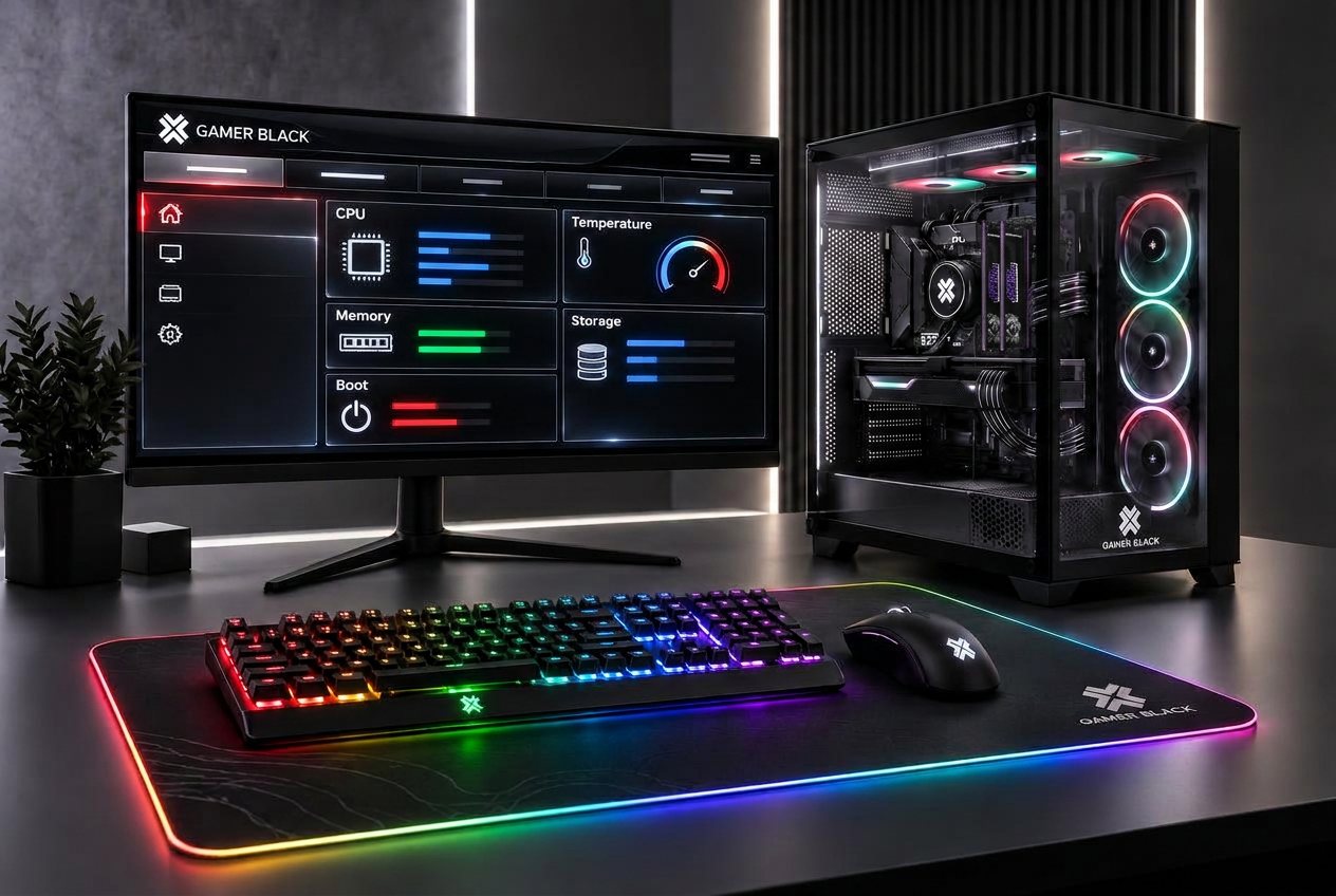 Setup Gamer Black com a tela da BIOS no monitor