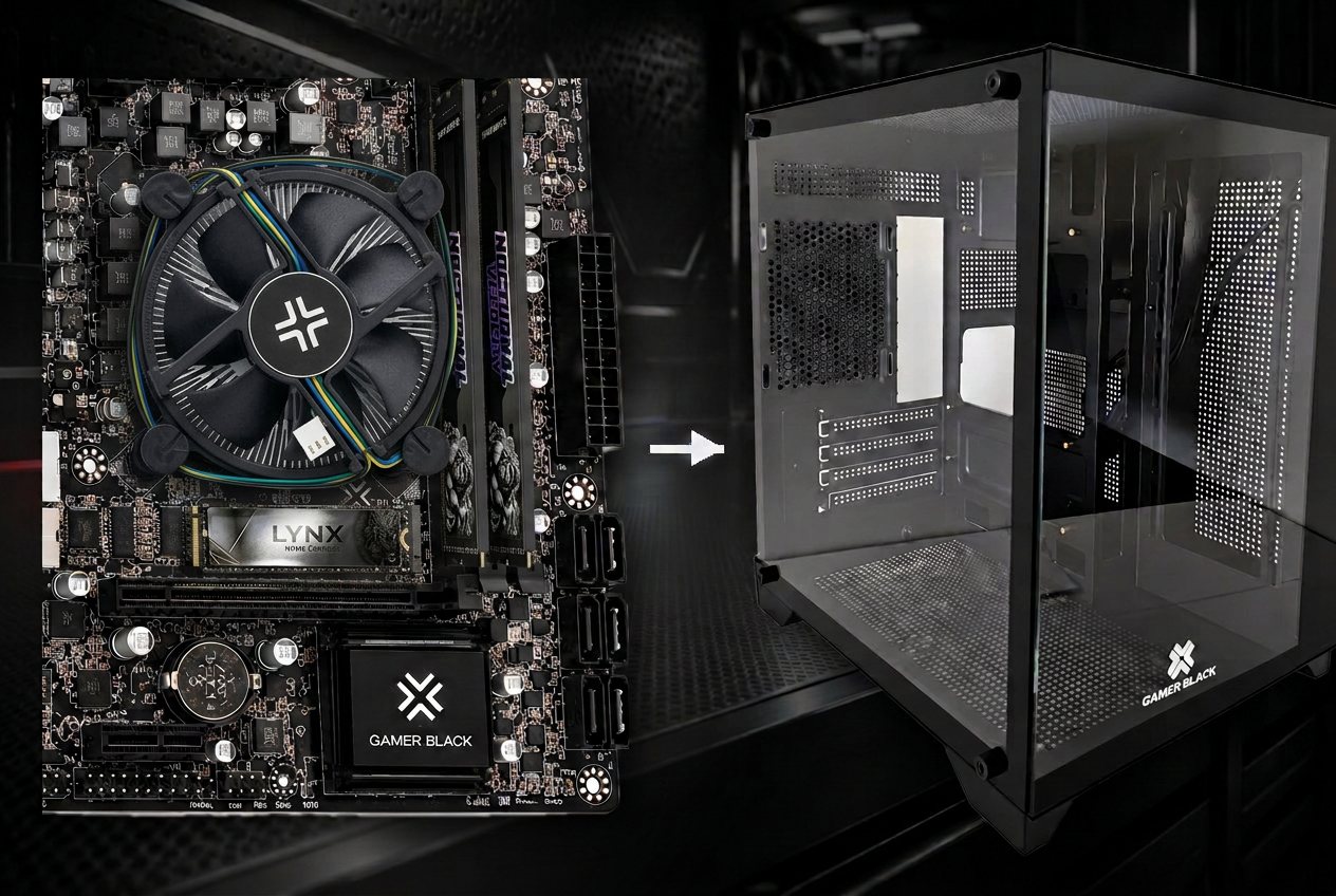 Gabinete Gamer Black aberto com a placa-mãe B75 montada