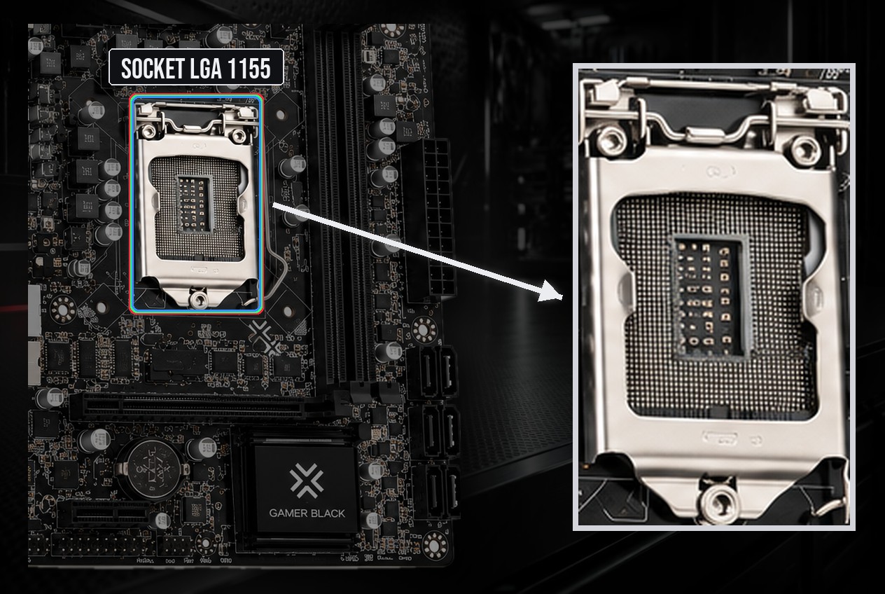 Mão encaixando o processador Intel no socket LGA 1155 da placa-mãe Gamer Black B75