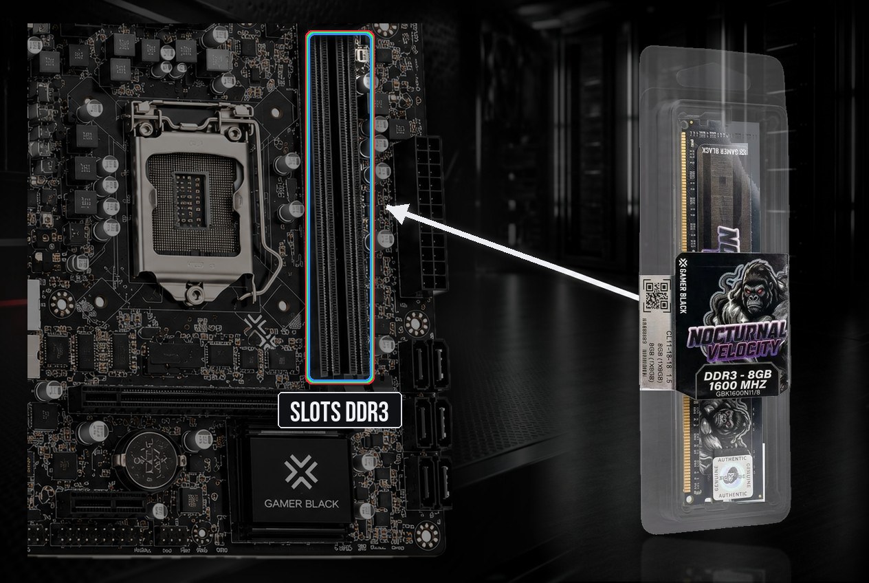 Mão encaixando a memória Gamer Black Nocturnal DDR3 no slot da placa-mãe Gamer Black B75