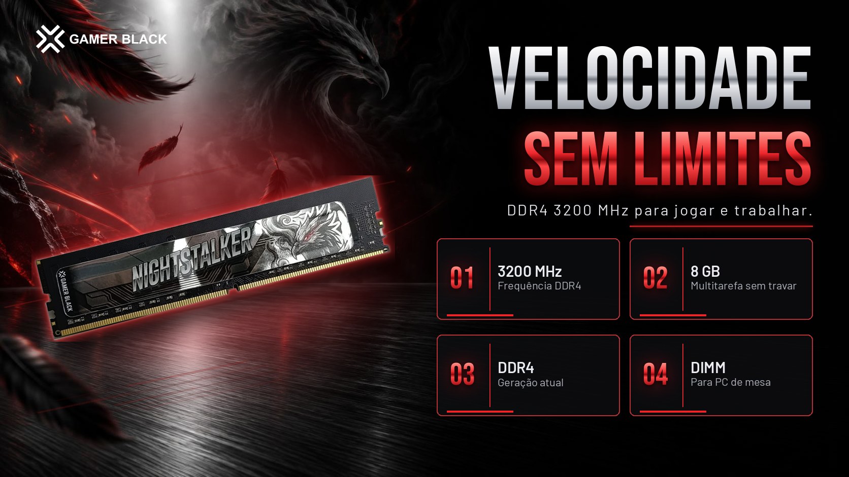 Memória Nightstalker com destaques de 3200 MHz, 8 GB, DDR4 e DIMM
