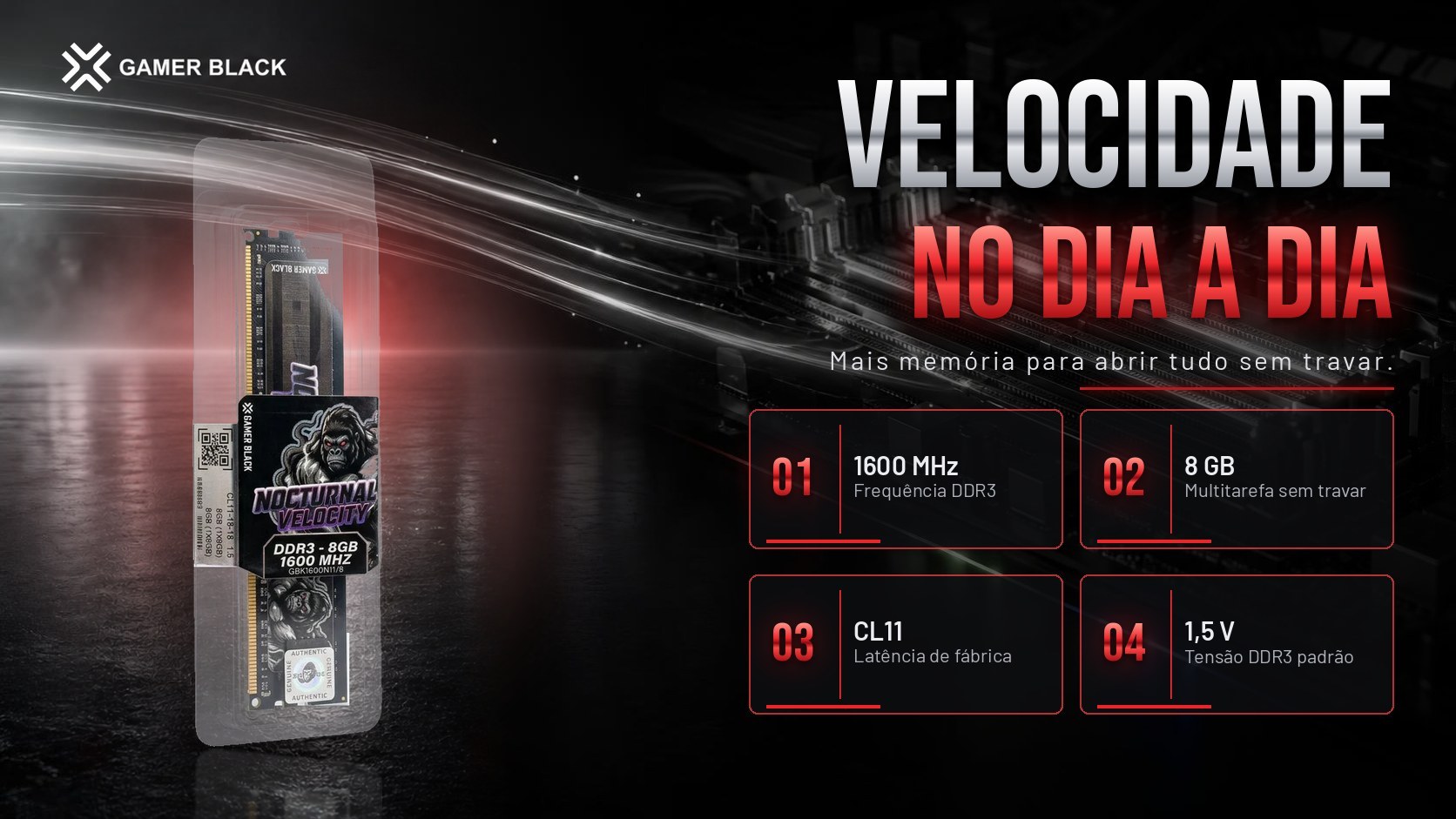 Memória Nocturnal Velocity com destaques de 1600 MHz, 8 GB, CL11 e 1,5 V